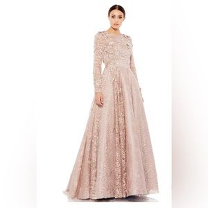 Mac duggal EMBELLISHED ILLUSION LONG SLEEVE A LINE GOWN